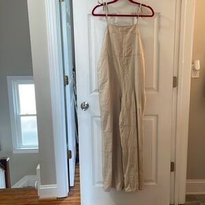 Tan cotton and linen jumpsuit with pockets